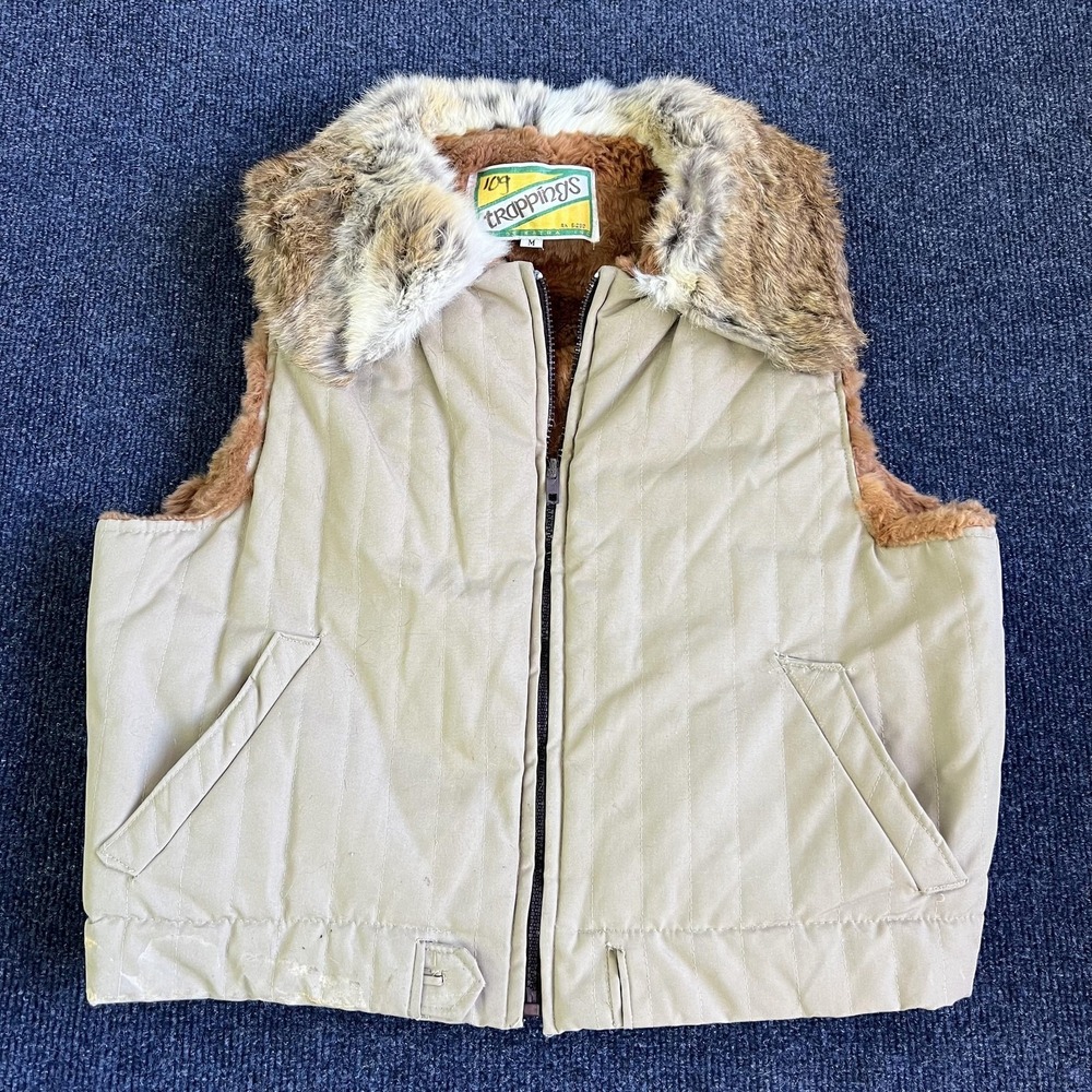 Vintage Trappings Crop Vest Women Medium Beige Faux Fur Lined Quilted Full Zip